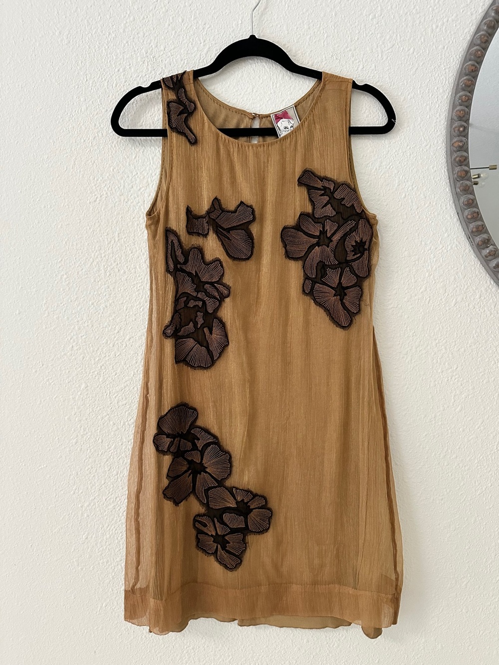 Yoana Baraschi Floral Appliqué Gold Chiffon Shift Dress